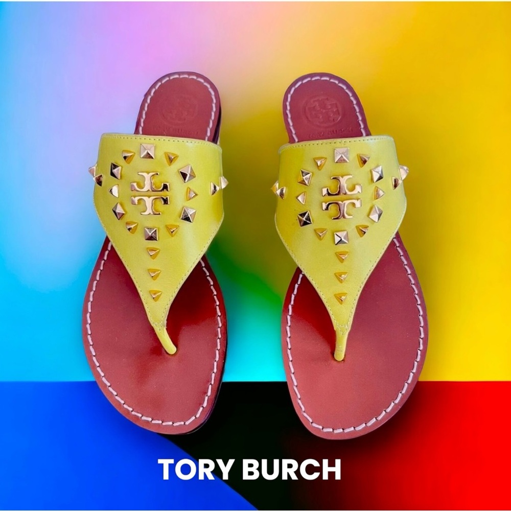 TORY BURCH LOGO STUD NEW SANDAL THONG FLAT SHOES LEATHER CITRUS 6.5